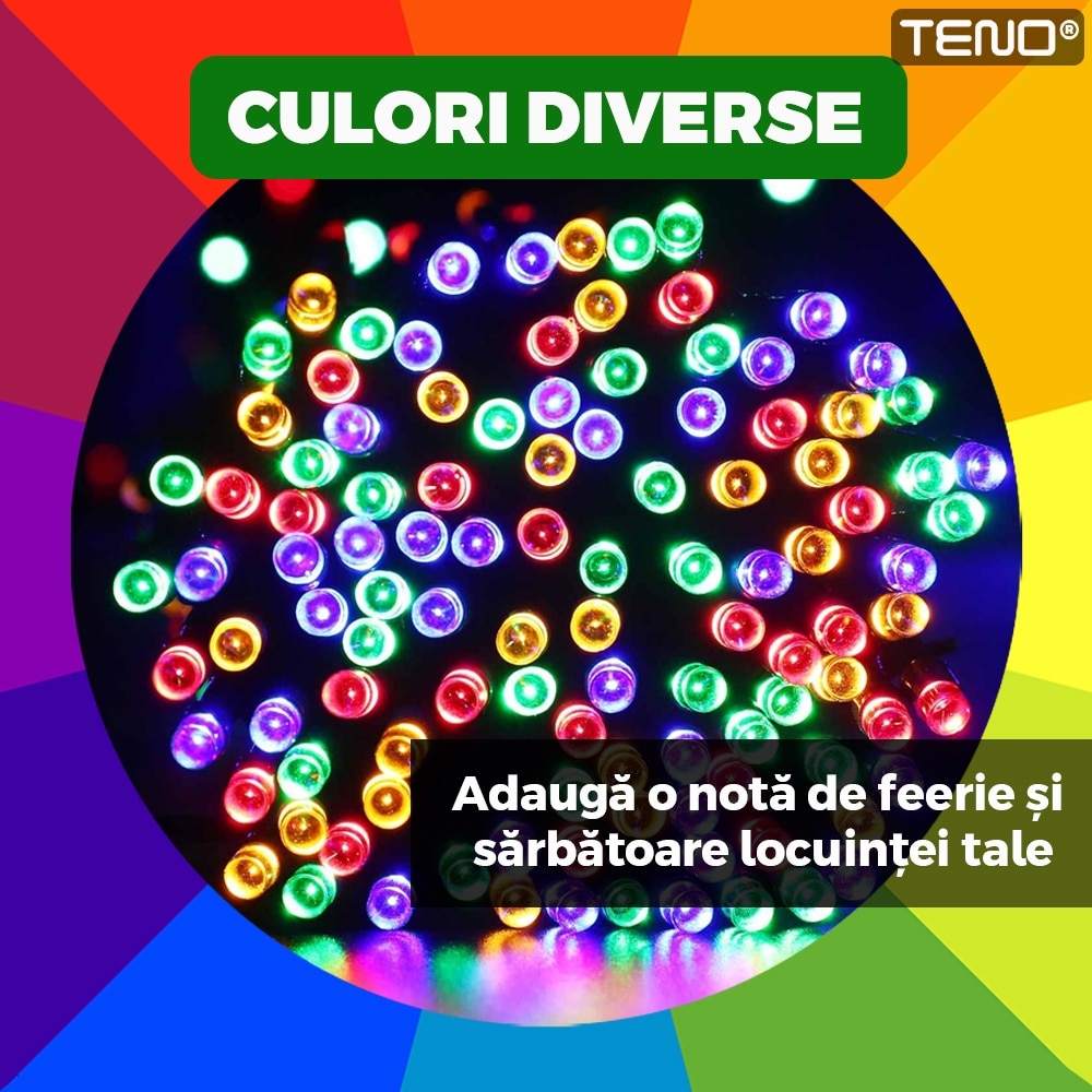 Instalatie de Craciun Liniara Teno®, 15 m, 8 jocuri de lumini, alimentare la priza, interior/exterior, rezistenta la apa, 200 LED-uri, multicolor