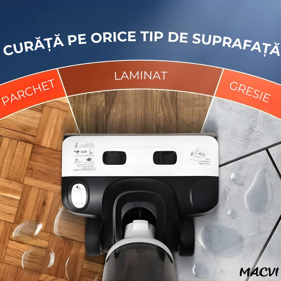 Aspirator Vertical cu Spalare Macvi® OZ01 Pro Fara Fir Autocuratare, Dezinfectare Apa, Putere 12000Pa, Autonomie 60 Min Ecran LED 2 Rezervoare