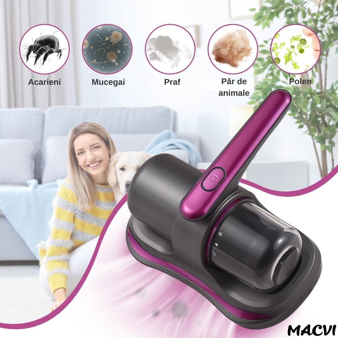 Aspirator Antiacarieni Macvi®, 8000 Pa, Fara Fir, Filtru HEPA, Baterie 3600 mAh, UVC, Rezervor 500 ml, Curatare Pat, Canapea si Covoare