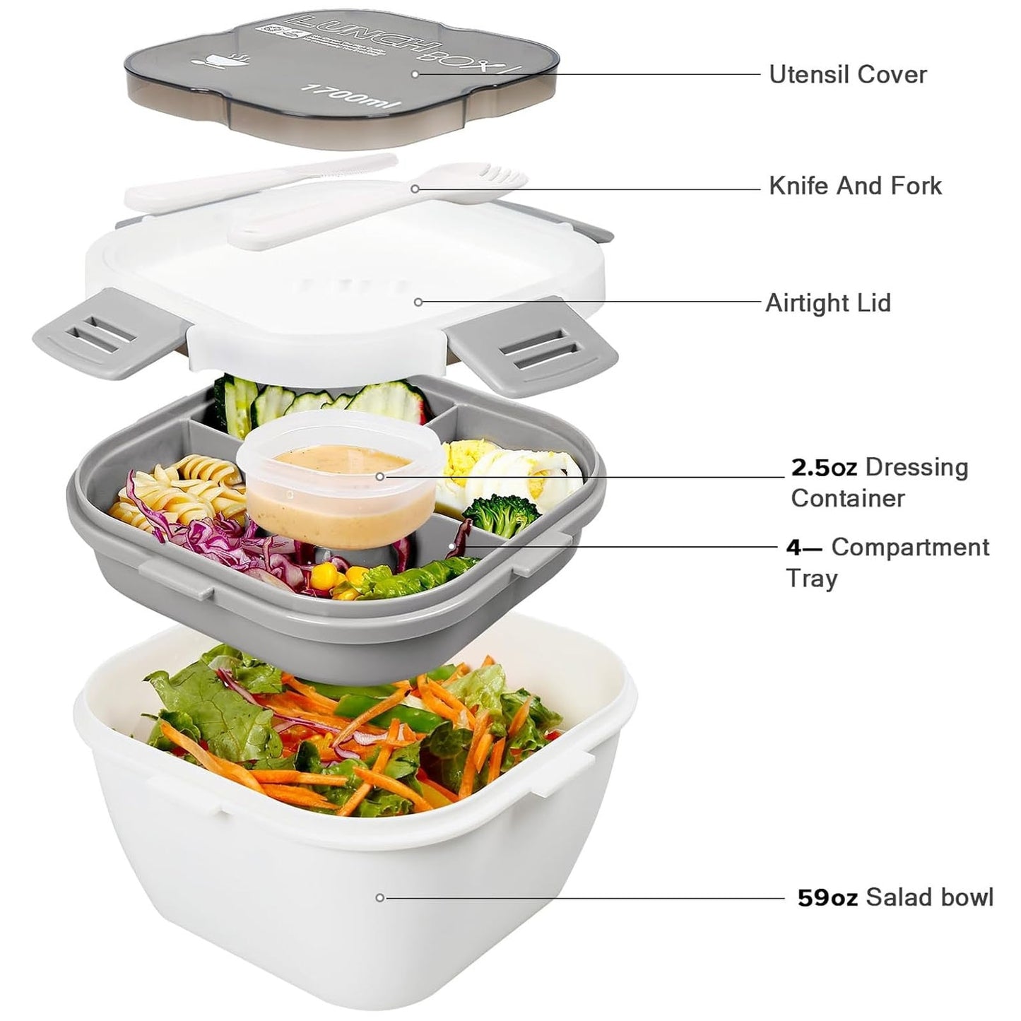 Caserola Alimentara Macvi® 1.7L cu 4 Compartimente si Recipient Sos Lunch Box BPA Free, Alb