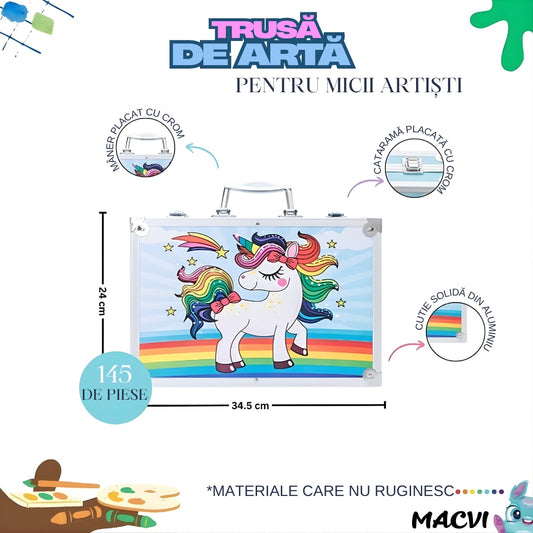 Set pentru pictura si desen MACVI, 145 piese, cutie metalica albastra, pentru copii, 38x26x4cm
