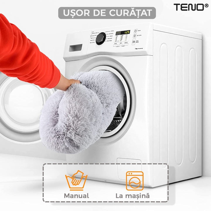 Pat Animale Teno®, captusit, moale, pufos si calduros, pentru caini si pisici, diametru 100cm, baza anti-alunecare, gri