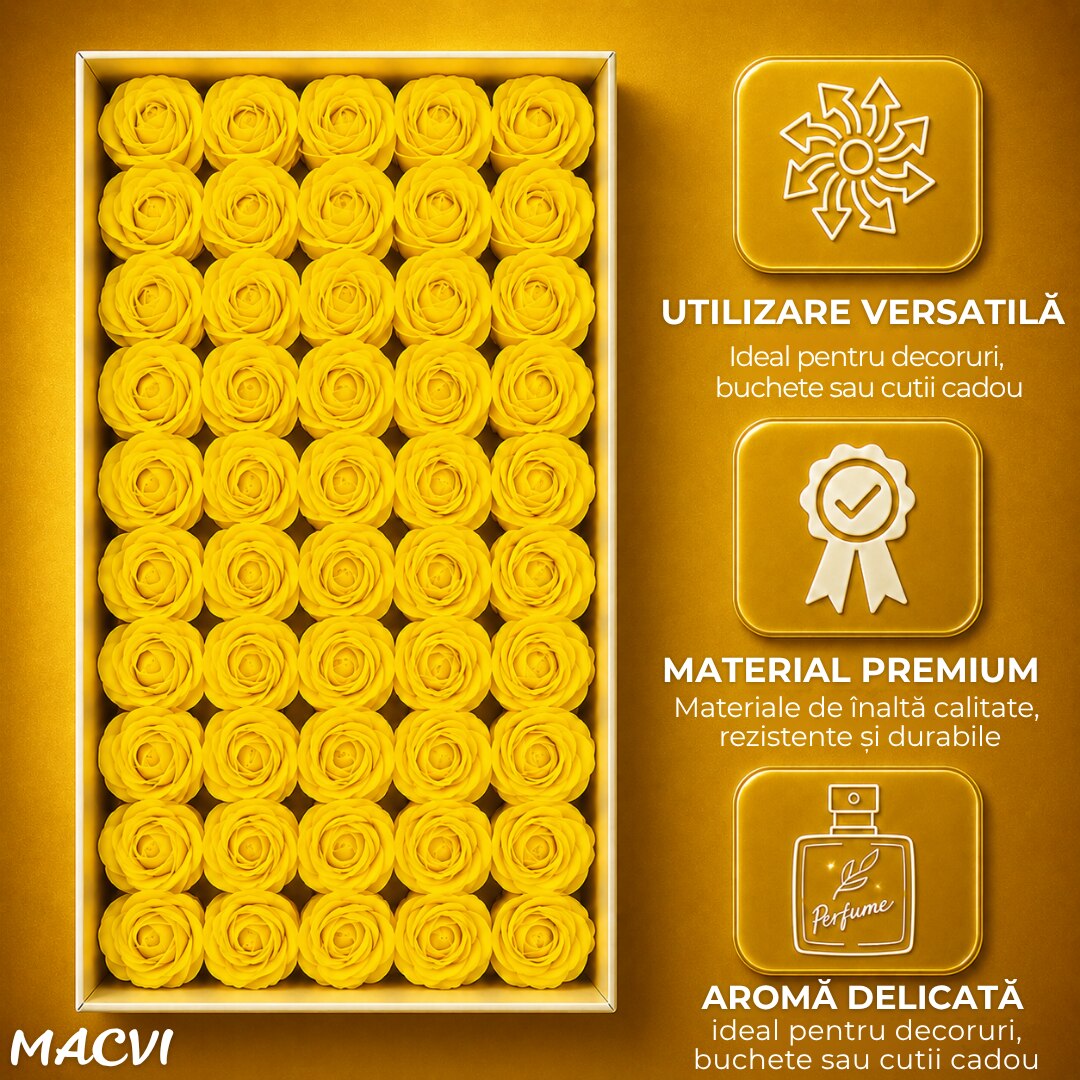 Set 50 trandafiri din sapun, 5x5 cm, calitate premium, decor si cadou elegant, Galben deschis