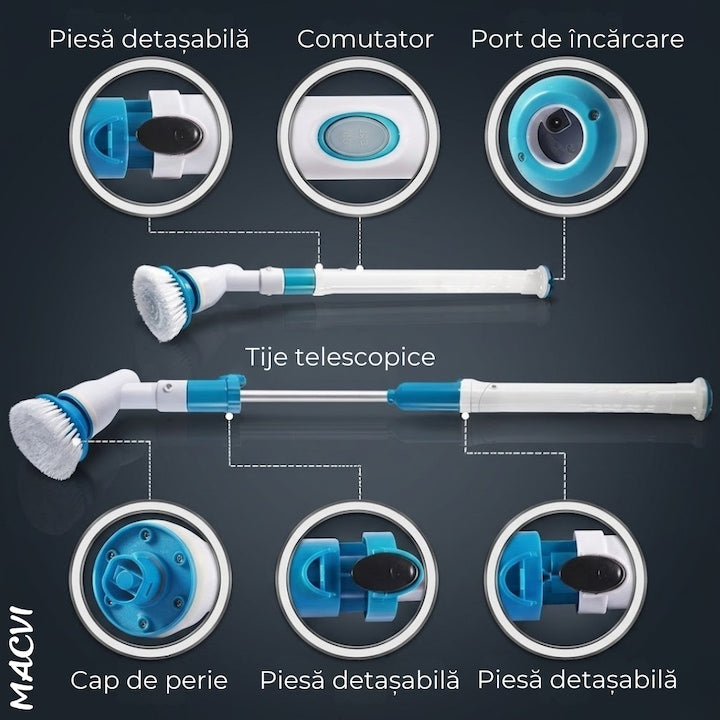 Perie Electrica de Curatare Macvi® cu 3 Capete Intersanjabile, 300 RPM, Acumulator Reincarcabil, Maner Telescopic - Ideala pentru Gresie, Faianta, Cada, Dus