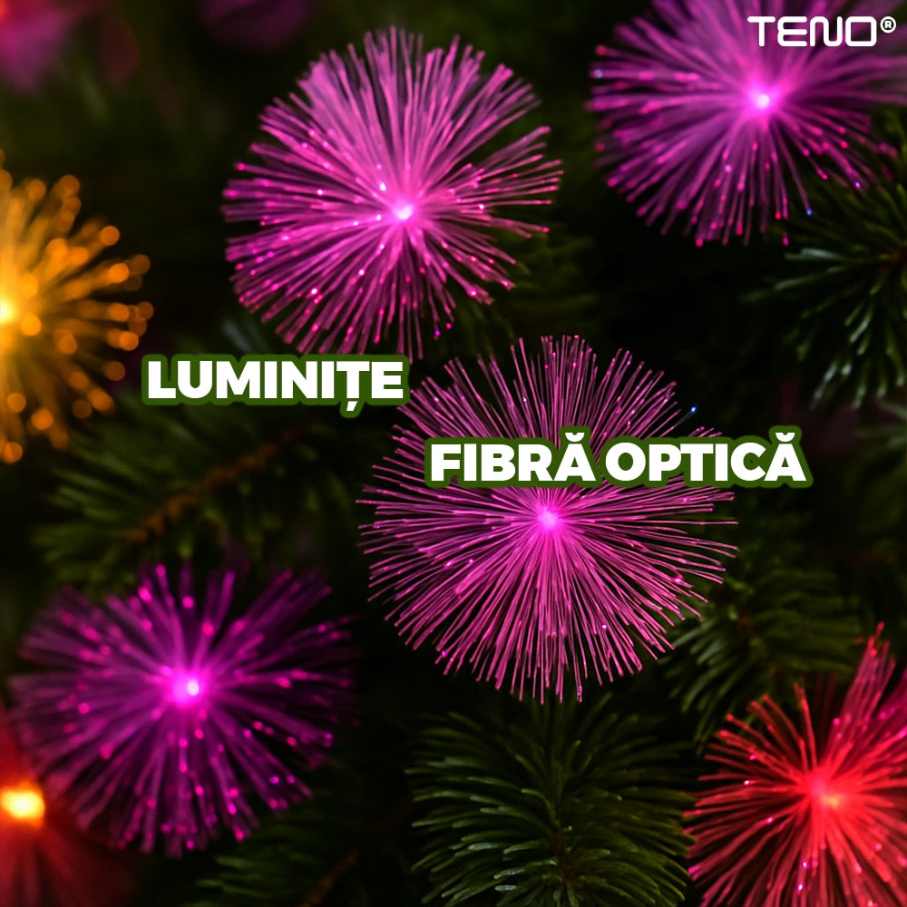 Brad Artificial de Craciun Teno®, luminite roz tip fibra optica, varf stea inclus, cadru metalic, atmosfera feerica, verde, 180 cm