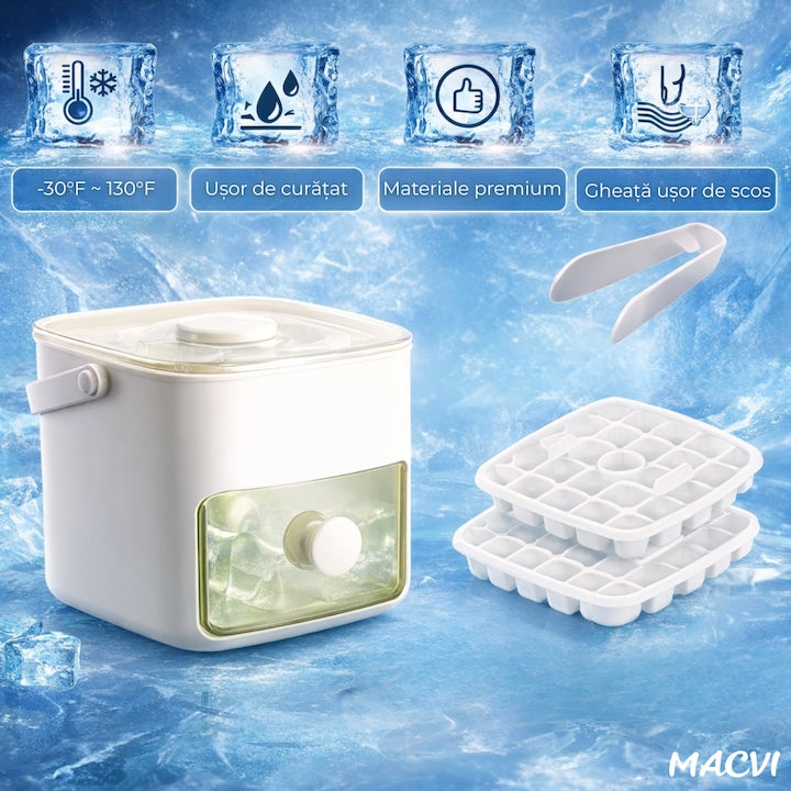 Cutie gheata Macvi® cu sertar detasabil si cleste pentru servire igienica capacitate 1.5L design compact alb mat