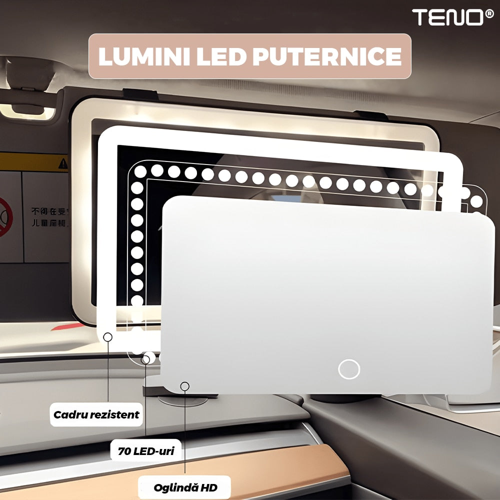 Oglinda Auto Cosmetica Teno®, pentru machiaj, iluminare LED, compacta, usoara, usor de montat, pentru parasolarul interior, buton Touch-Screen, alb