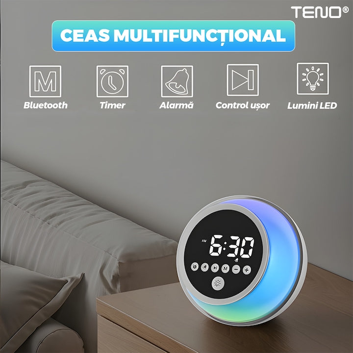 Ceas Desteptator Multifunctional Teno®, Bluetooth, functie de alarma, functie de radio, lumini RGB, autonomie ridicata, rotund