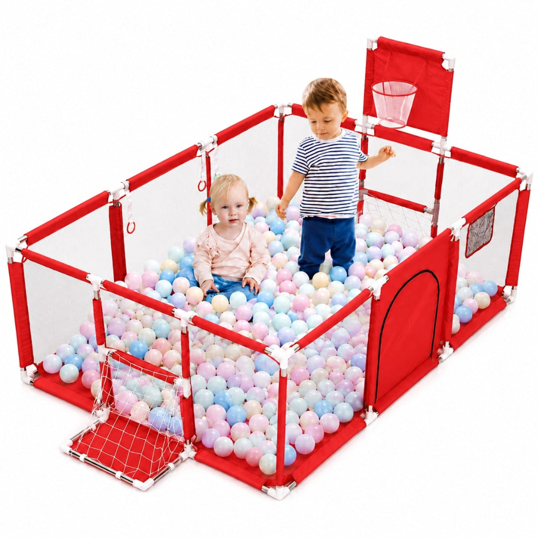 Tarc pentru copii Macvi® 100 bile incluse, gard de siguranta, 6 luni - 6 ani, 190x129x66 cm, usor de montat, otel inoxidabil, rosu