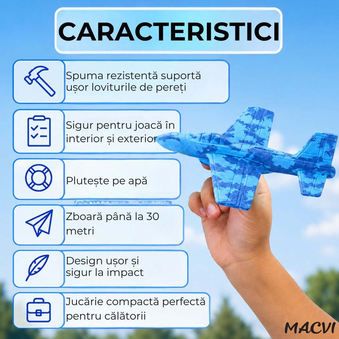 Avion zburator Macvi®, planor rezistent, zboara pana la 30m, Albastru, Material rezistent la impact si cazaturi, pentru copii 6+ ani