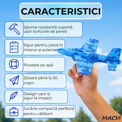 Avion zburator Macvi®, planor rezistent, zboara pana la 30m, Albastru, Material rezistent la impact si cazaturi, pentru copii 6+ ani