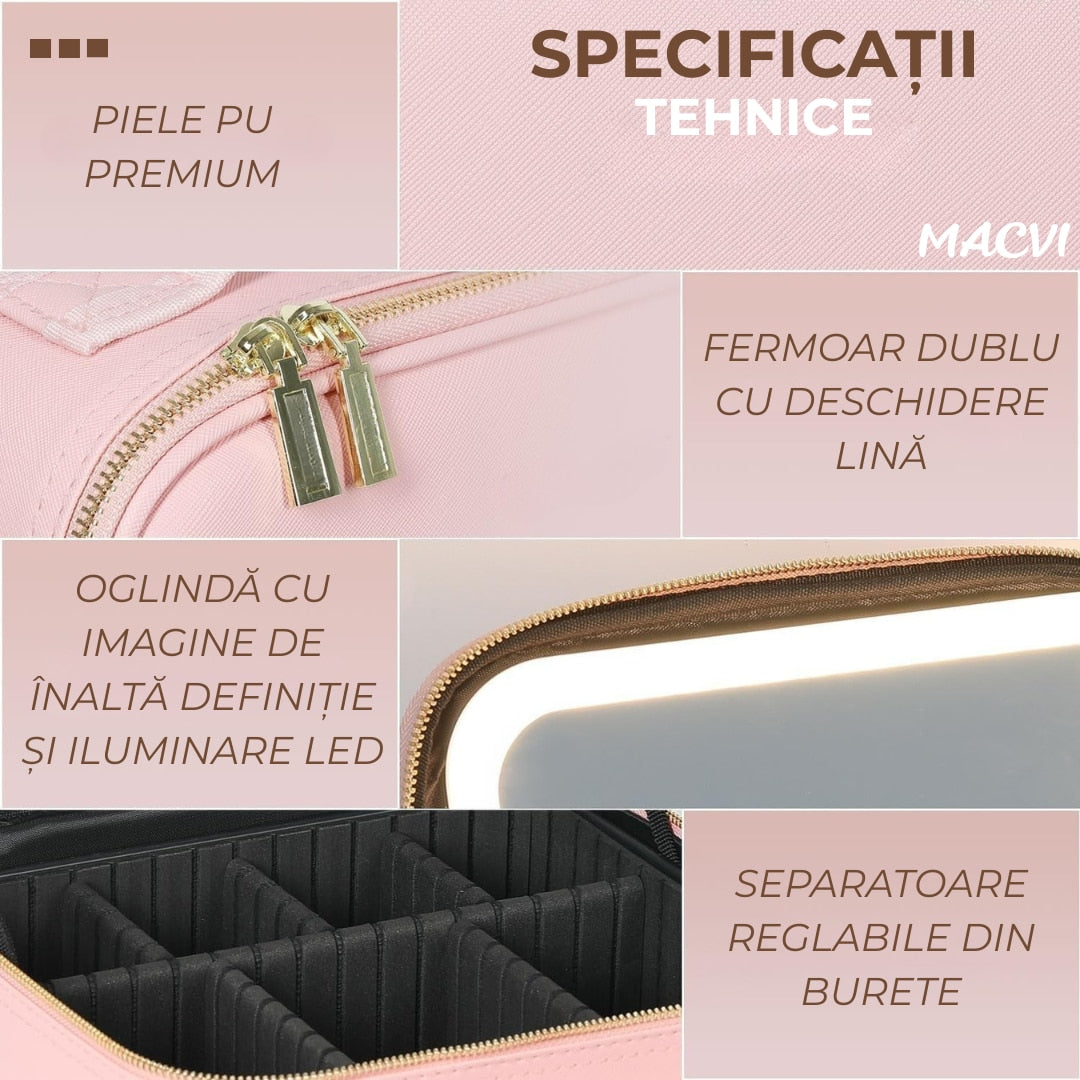 Organizator Machiaj cu Oglinda LED Macvi® 2000mAh, 3 Temperaturi Lumina, 76 LED, Compartimente Reglabile Rotire 360°, Incarcare USB, Geanta Cosmetice Impermeabila, Roz, 27x24x11 cm