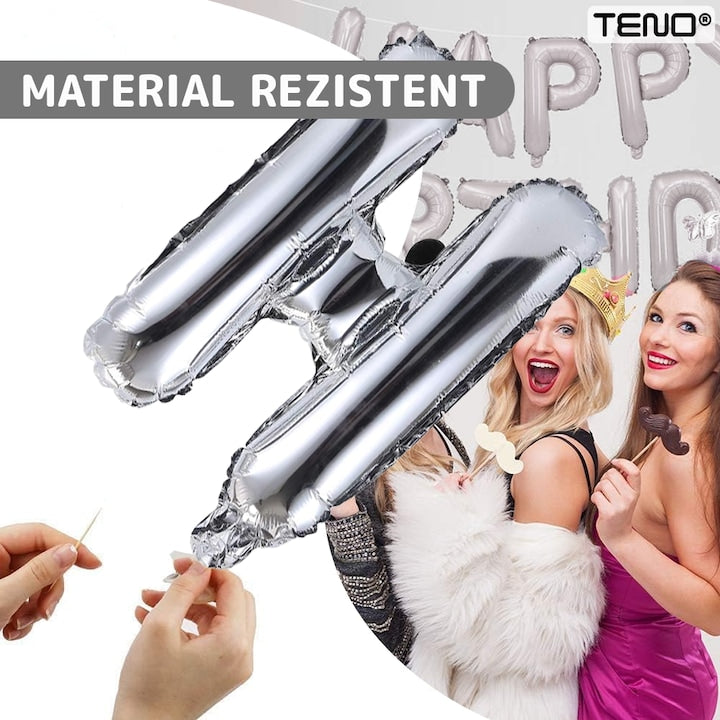 Set 25 Baloane Teno®, Litere, pentru Petreceri/Aniversari/Evenimente, confetti, stelute, model HAPPY BIRTHDAY, argintiu
