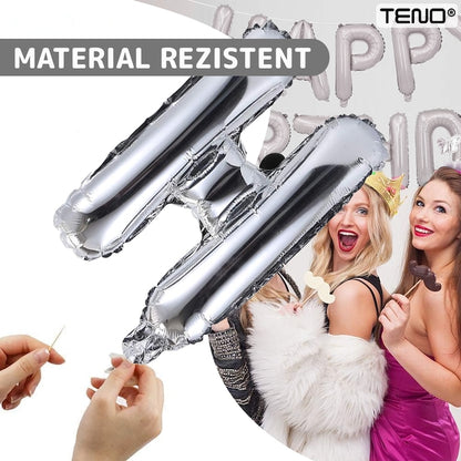 Set 25 Baloane Teno®, Litere, pentru Petreceri/Aniversari/Evenimente, confetti, stelute, model HAPPY BIRTHDAY, argintiu