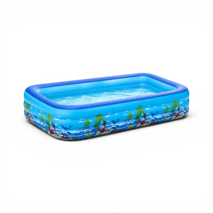 Piscina gonflabila familiala Macvi® 180 x 125 x 54 cm, 3 inele, PVC rezistent, capacitate 370 L, pentru 2 adulti si 3 copii, design tropical, albastru/alb