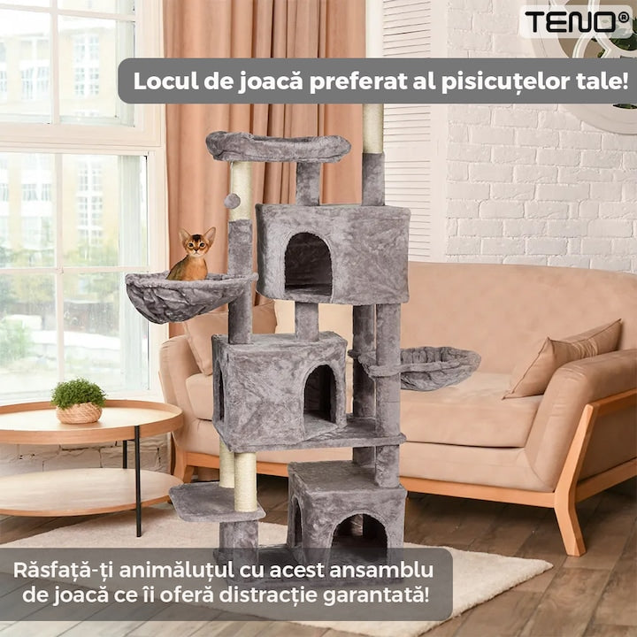Ansamblu de Joaca pentru Pisici Teno®, cu 3 platforme de observatie, 5 niveluri, 3 casute, franghie si minge de joaca, stalpi pentru zgariat, captuseala extra moale, structura stabila, 164 cm, gri deschis