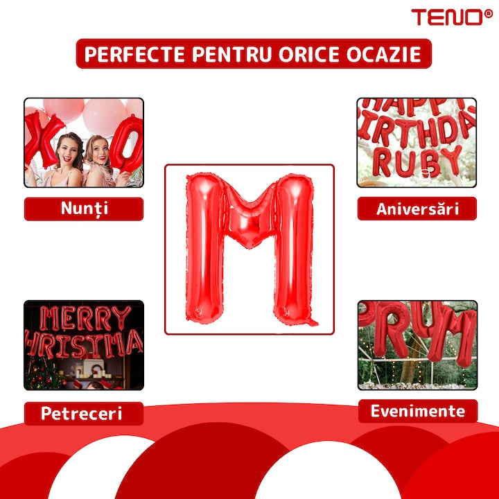 Balon in Forma de Litera M Teno®, metalizat, pentru Petreceri/Aniversari/Evenimente, rezistent, folie, rosu, 40 cm