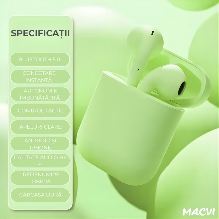 Casti wireless Macvi® Freepods i18, Bluetooth 5.0, Touch Control, HiFi Sound, verde