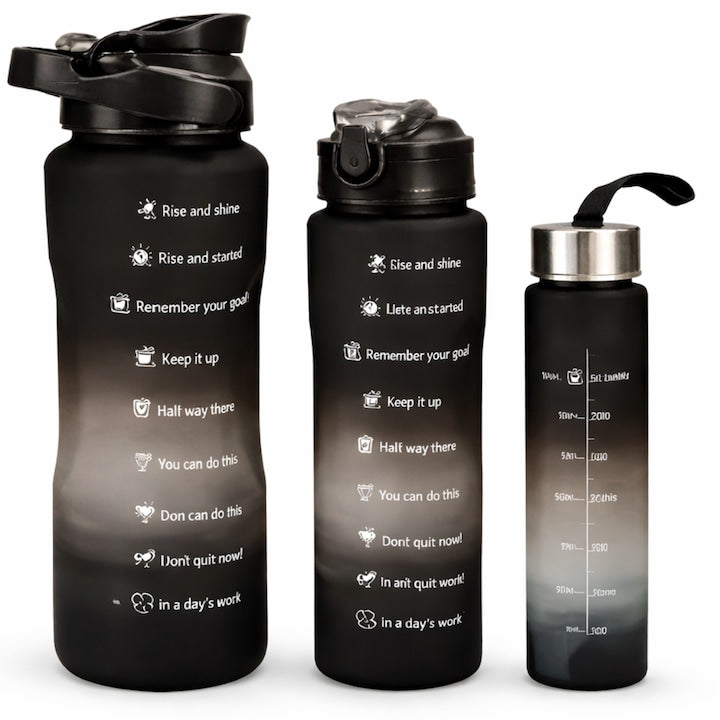 Set 3 Sticle de Apa Motivationale TENO®, 2000ml + 900ml + 300ml, Tritan fara BPA, Pai inclus, Deschidere automata, negru