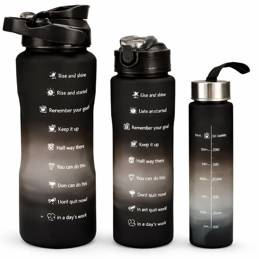 Set 3 Sticle de Apa Motivationale TENO®, 2000ml + 900ml + 300ml, Tritan fara BPA, Pai inclus, Deschidere automata, negru