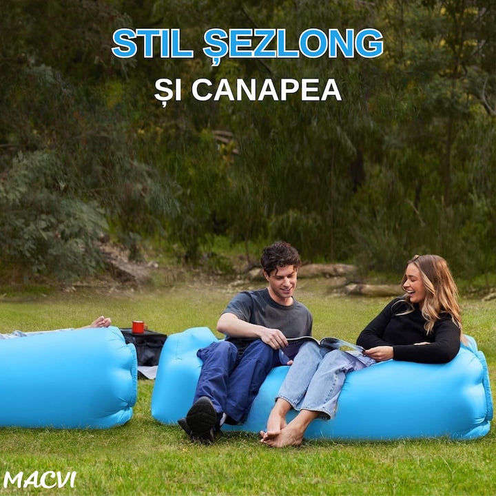 Saltea gonflabila tip sezlong Lazybag Macvi®, material rezistent, umflare fara pompa, pentru plaja/picnic/camping, rucsac de depozitare, 190 x 70 cm, Albastra
