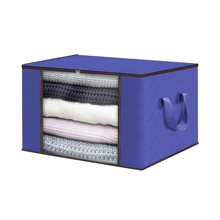 Cutie Depozitare si Organizare Mica Teno®, pliabila, maner ranforsat si fereastra transparenta, pentru haine/paturi/ plapumi/ perne/ lenjerii de pat/jucarii, 60 L, 46x 48x 28 cm, albastru