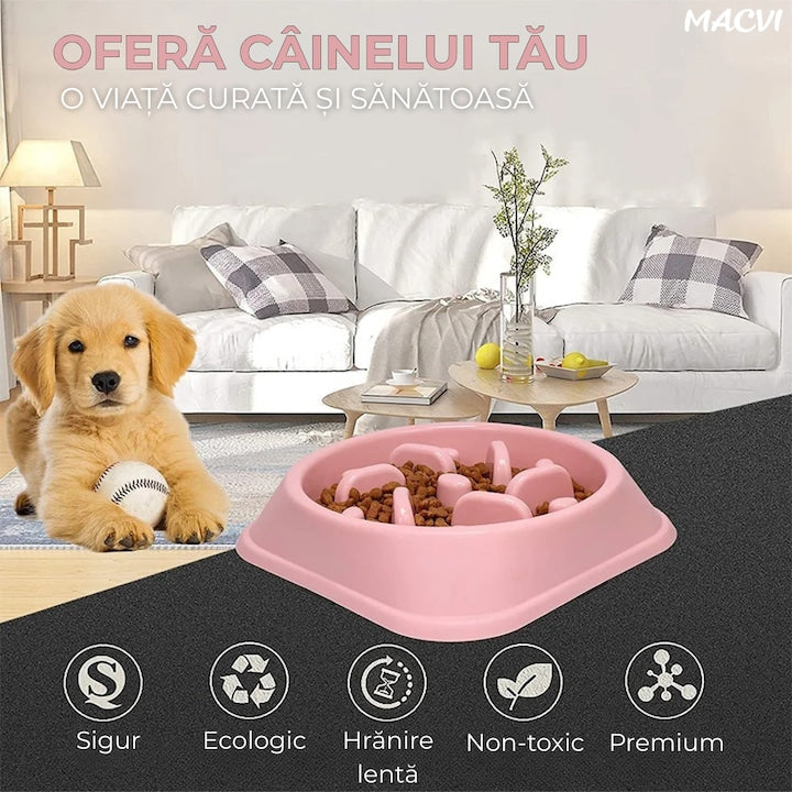Alimentator Lent pentru Animale Macvi®, Bol Antiderapant Hranire Lenta pentru Caini si Pisici Design Interior AntiInghitire Material Sigur Usor de Curatat Rezistent, Roz