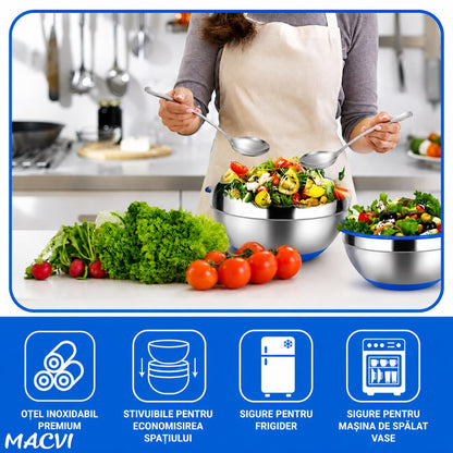 Castron Inox cu Capac si Baza Antiderapanta Macvi® 22 cm Bol Bucatarie, Otel Inoxidabil cu Capac Etans, Albastru