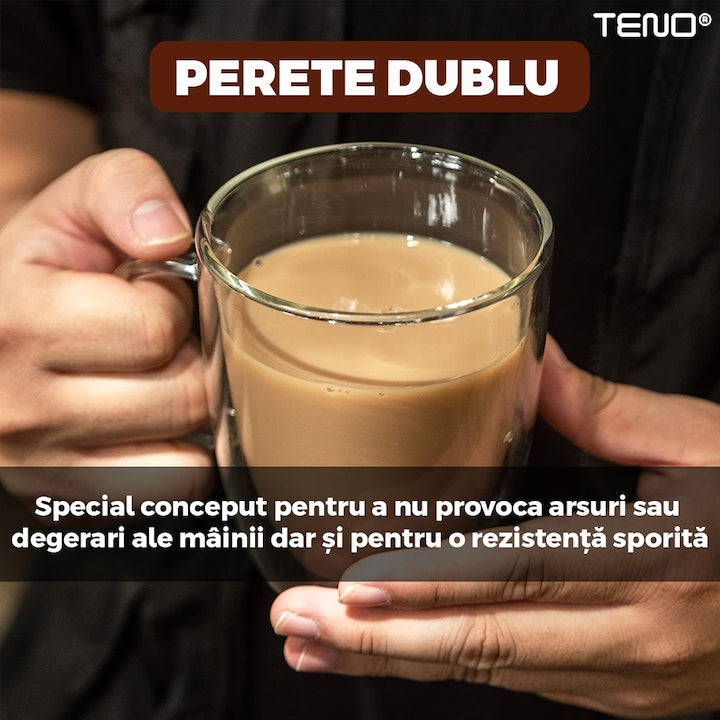 Set 4 Cani de Sticla cu Perete Dublu Teno®, model rotund, design modern, termorezistente, capacitate 350 ml, 12 x 9 cm