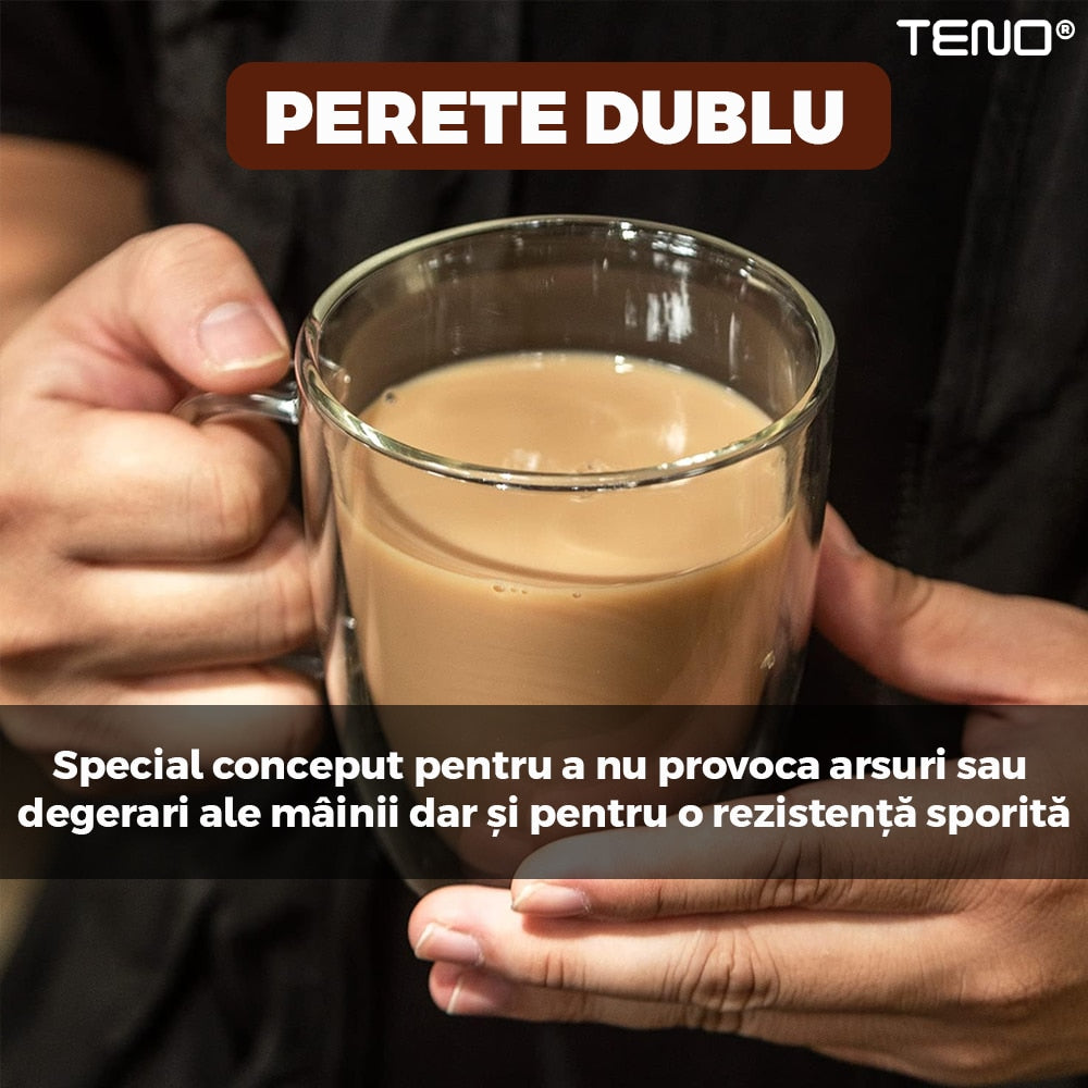 Set 2 Cani de Sticla cu Perete Dublu Teno®, model rotund, design modern, termorezistente, capacitate 350 ml, 12 x 9 cm