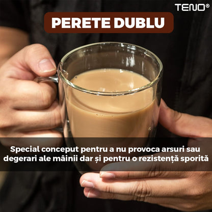 Set 2 Cani de Sticla cu Perete Dublu Teno®, model rotund, design modern, termorezistente, capacitate 350 ml, 12 x 9 cm