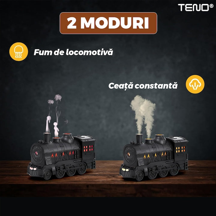 Difuzor Aromaterapie Teno®, forma de locomotiva, culori LED, lumini dinamice, control cu butoane, 2 moduri, capacitate 300ml, silentios, umidifica aerul, negru