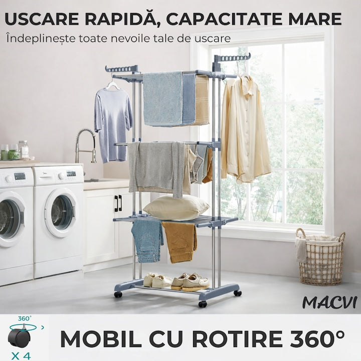 Uscator vertical pentru rufe Macvi®, cu 3 nivele de uscare, mobil si pliabil, suport umerase, gri