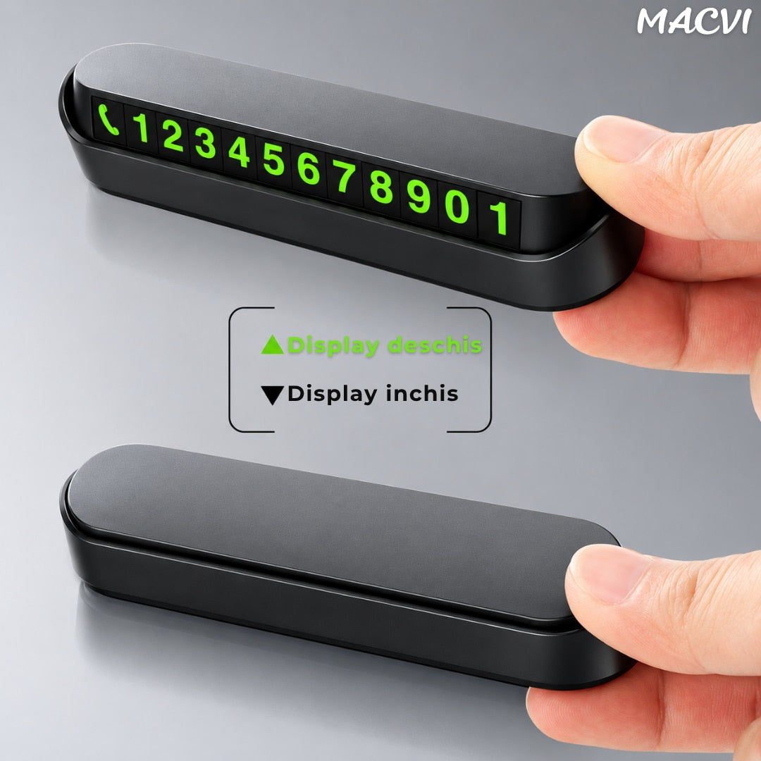 Suport numar telefon auto, MACVI, afisaj retractabil, negru, 13x3.5x2.6cm, set cu placute magnetice