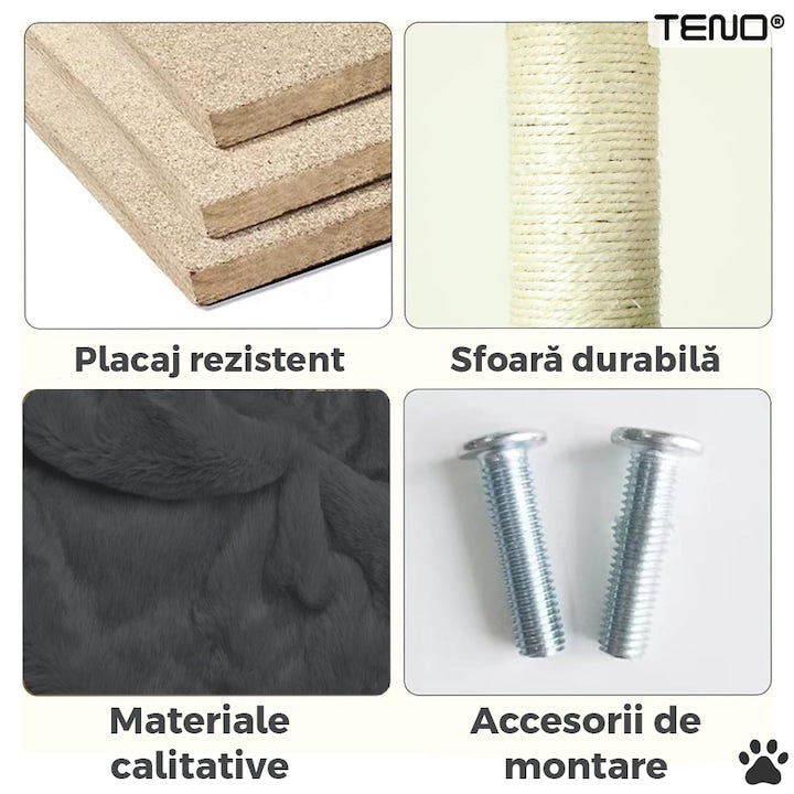 Ansamblu de Joaca pentru Pisici Teno®, tip turn, 1 platforma de observatie, 4 niveluri, 1 casuta, scara, franghie si mingiute de joaca, stalpi pentru zgariat, captuseala extra moale, structura stabila, 118 cm, gri inchis