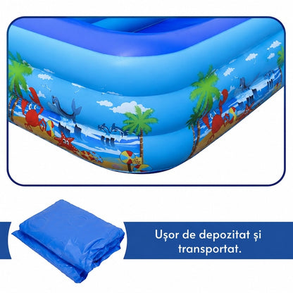 Piscina gonflabila familiala Macvi® 180 x 125 x 54 cm, 3 inele, PVC rezistent, capacitate 370 L, pentru 2 adulti si 3 copii, design tropical, albastru/alb