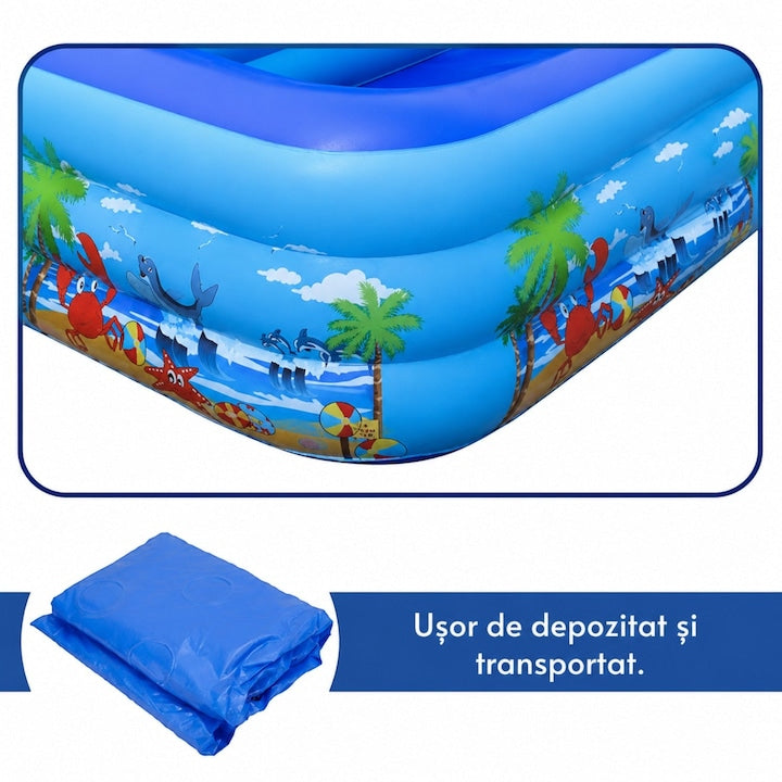 Piscina gonflabila familiala Macvi® 260x165x54cm, 3 inele, PVC rezistent la UV, montare rapida, pentru copii si adulti, curte si gradina, design tropical