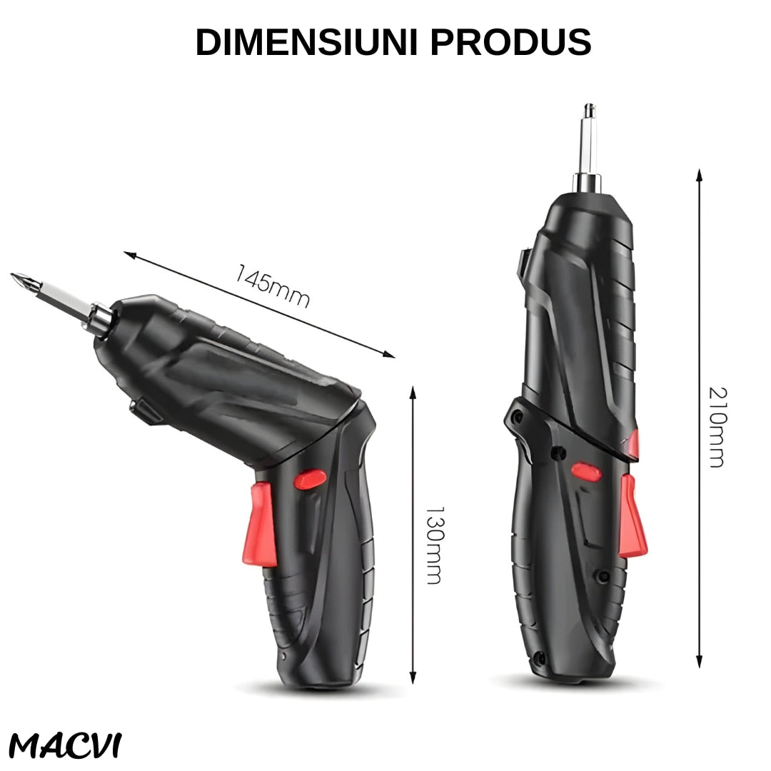 Surubelnita Electrica Portabila Macvi®, 47 Piese Acumulator Reincarcabil Maner Rotativ 90-180° Set Biti si Capete Tubulare Trusa Transport Negru
