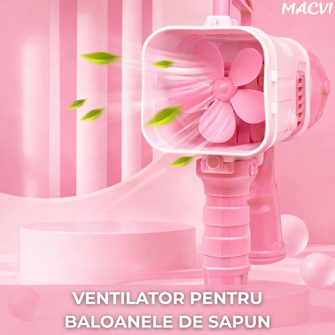 Pistol Baloane Sapun 32 Duze Macvi® tip Bubble Gun cu baterii(neincluse), Ventilator, Roz