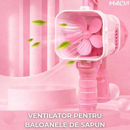 Pistol Baloane Sapun 32 Duze Macvi® tip Bubble Gun cu baterii(neincluse), Ventilator, Roz