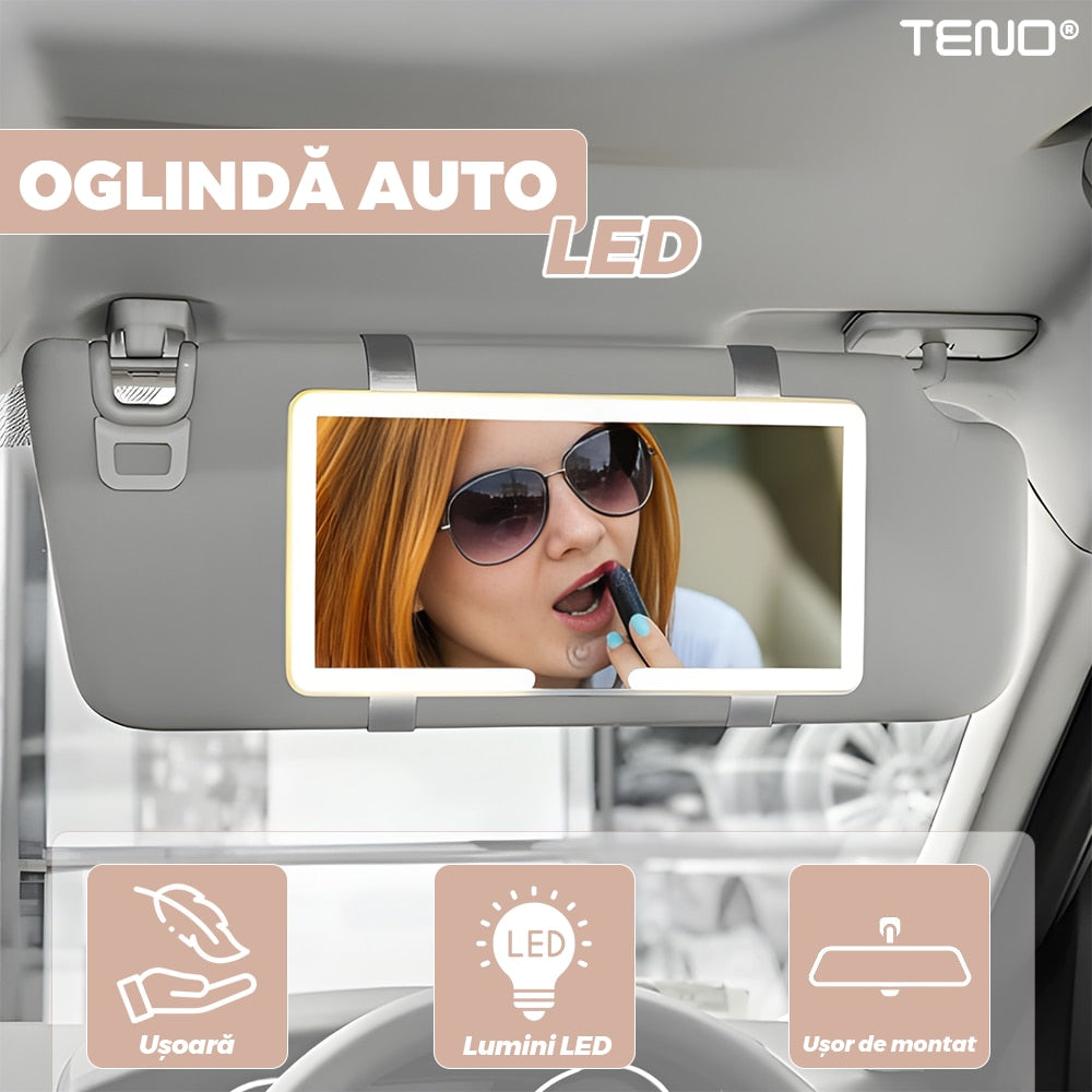 Oglinda Auto Cosmetica Teno®, pentru machiaj, iluminare LED, compacta, usoara, usor de montat, pentru parasolarul interior, buton Touch-Screen, alb