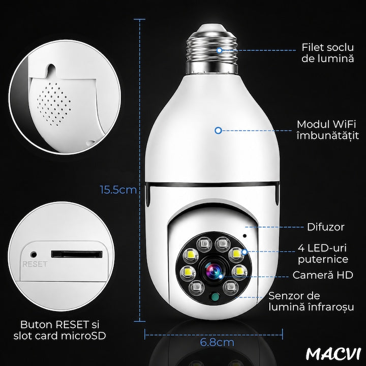 Camera de Supraveghere WiFi Macvi® Tip Bec E27, PTZ 360°, Full HD 1080P, 2MP, Vedere Nocturna Color, Detectare Miscare si Sunet, Audio Bidirectional, iCSee, Slot Card MicroSD 128GB, Alb
