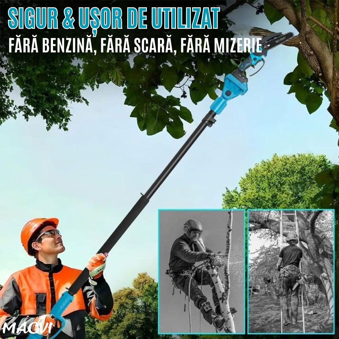 Set Macvi® Foarfeca Electrica si Drujba cu Brat Extensibil, Taiere Rapida si Usoara la Inaltime, Acumulator Inclus