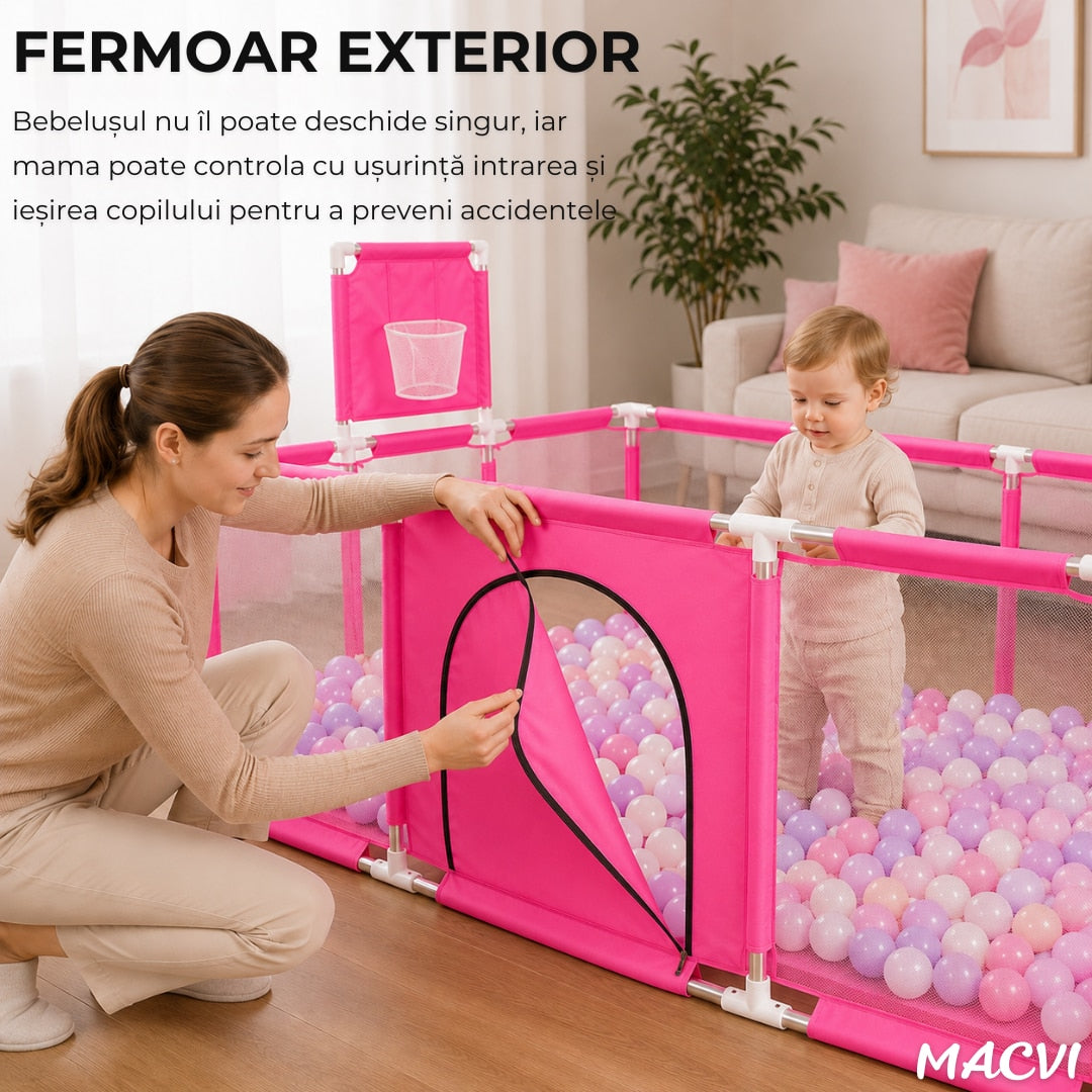 Tarc pentru copii Macvi® 100 bile incluse, gard de siguranta, 6 luni - 6 ani, 190x129x66 cm, usor de montat, otel inoxidabil, Roz
