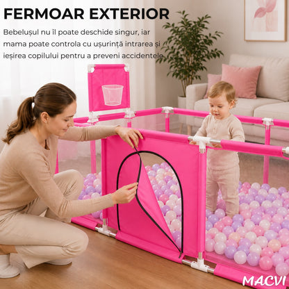 Tarc pentru copii Macvi® 100 bile incluse, gard de siguranta, 6 luni - 6 ani, 190x129x66 cm, usor de montat, otel inoxidabil, Roz
