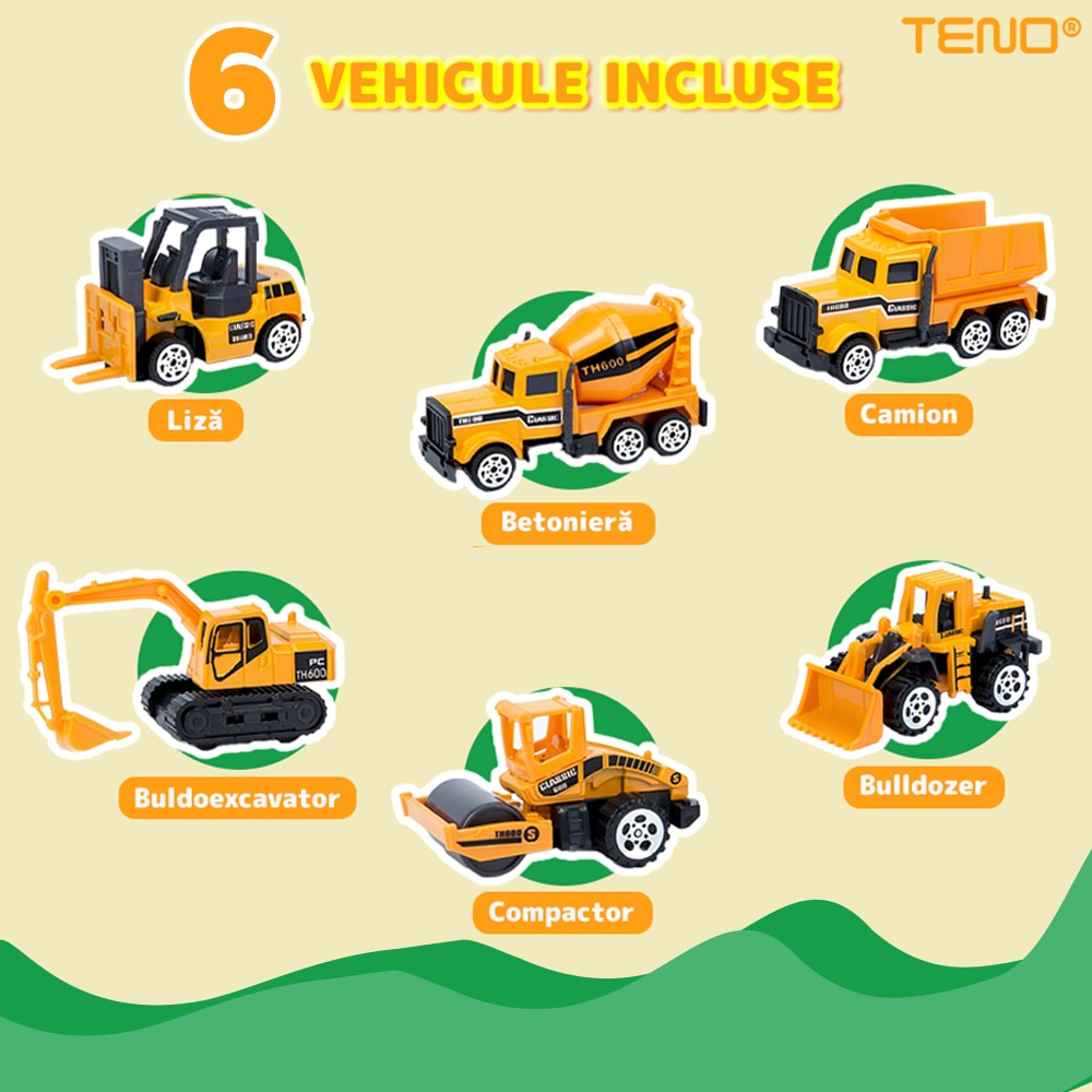 Set Camion Trailer de Jucarie pentru Transport Teno®, seria utilaje de constructie, 6 masinute incluse, bulldozer, utilaje, tir, accesorii mobile, lansator si rampa frontala, platforma tractare, galben