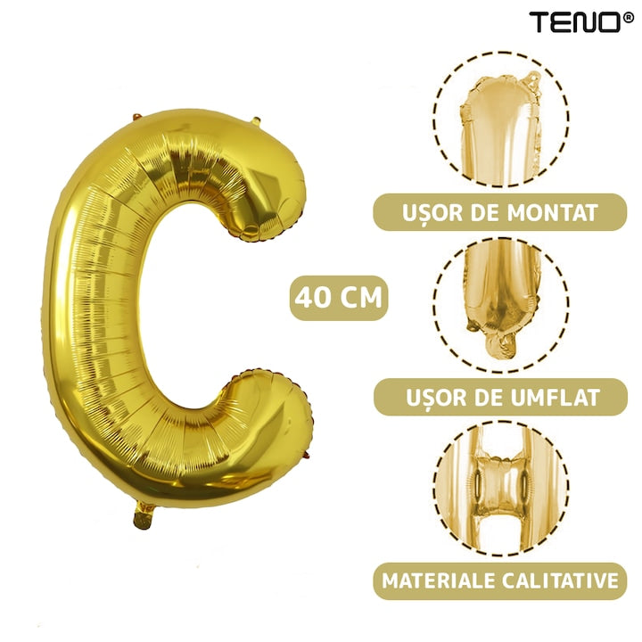 Balon in Forma de Litera C Teno®, metalizat, pentru Petreceri/Aniversari/Evenimente, rezistent, folie, gold, 40 cm