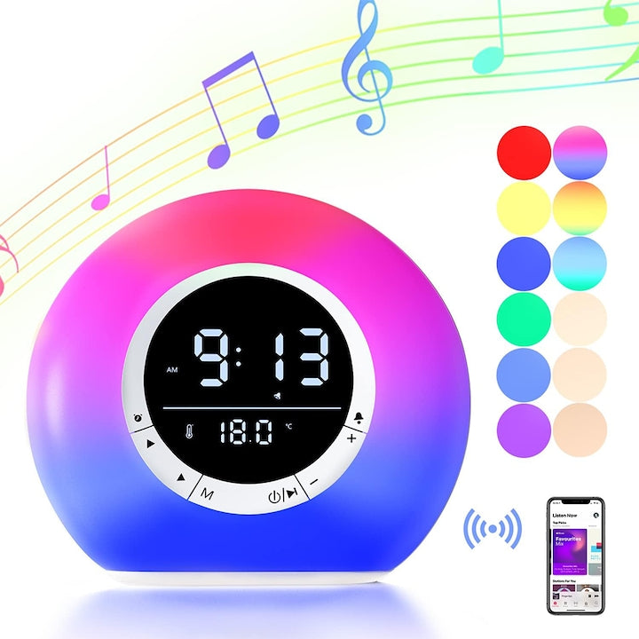 Ceas Desteptator Multifunctional Teno®, Bluetooth, functie de alarma, functie de radio, afisaj temperatura, lumini RGB, autonomie ridicata, rotund