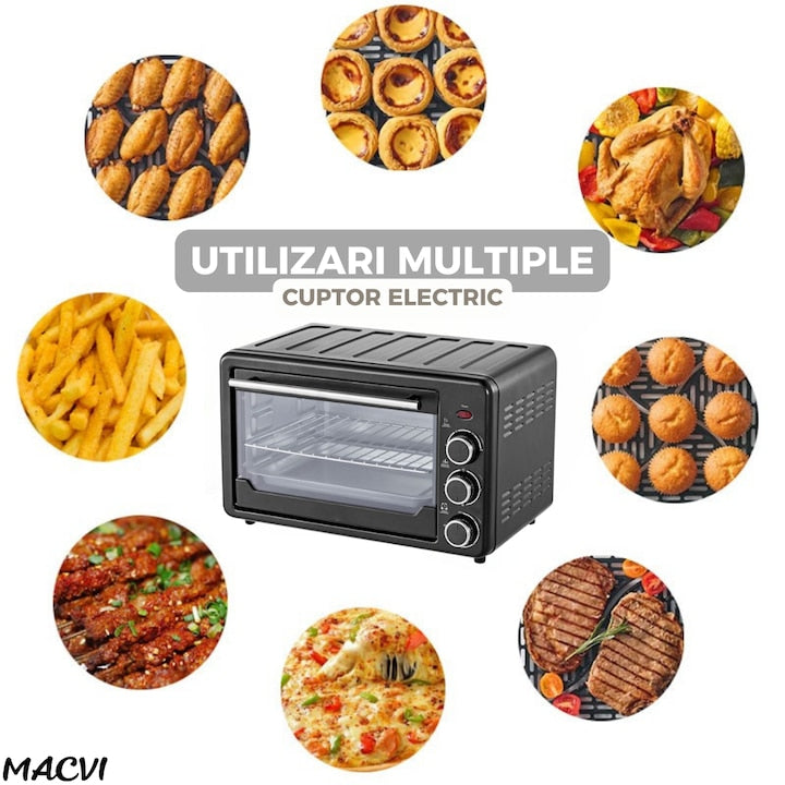 Cuptor Electric Multifunctional 25L, 1500W, Inox, Temperatura Reglabila 90-250°C, Timer 60 min, Functii Coacere, Prajire, Mentinere Cald, Accesorii Incluse