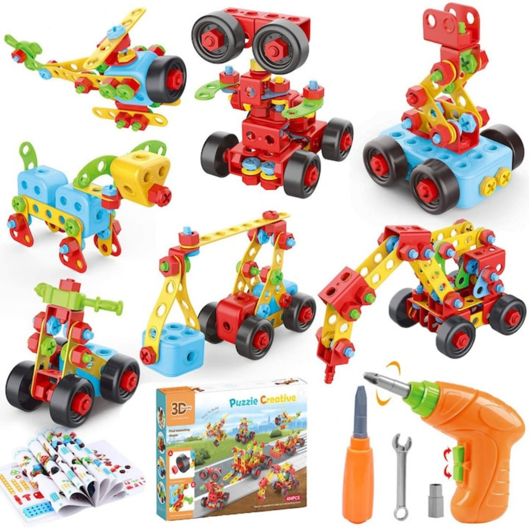 Jucarie educativa si interactiva Macvi® Set Constructie 404 Piese Puzzle 3D STEM, Cu Surubelnita Electrica, Multicolor, Pentru Copii 6+ Ani
